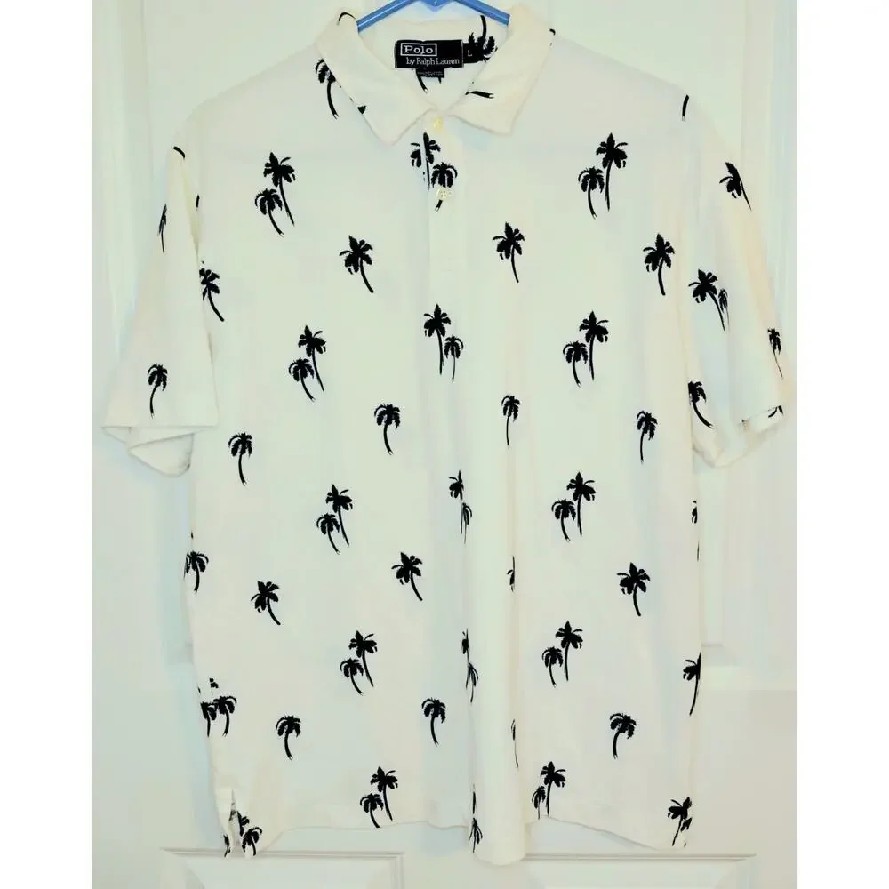 VTG Polo Ralph Lauren Palm Tree Print Polo Shirt White Black Blue L Cruise 2002